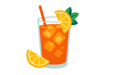 Glass of refreshing iced tea or orange juice on a transparent background, summer drink with straw and citrus slices