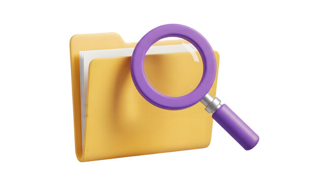 Magnifying glass on a file folder isolated on transparent background