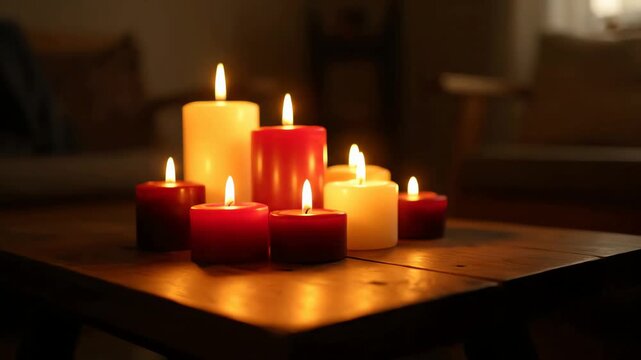 Warm ambiance created by flickering candlelight on a wooden table at night