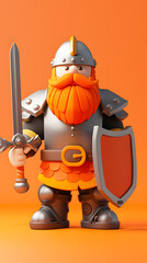 3D cartoon character of a man with an orange beard wearing armor and a sword