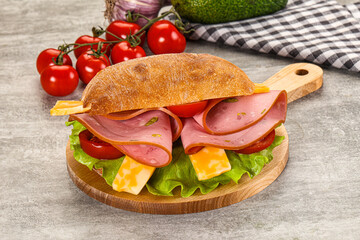 Sandwich ciabatta with mortadella and cheese