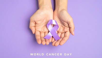 Hands holding a purple ribbon symbolizing awareness and support for World Cancer Day on a purple background