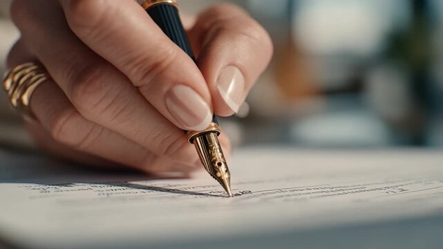 Woman Signing International Agreements in Diplomatic Chamber