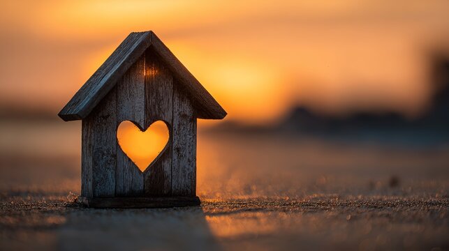 Rustic wooden house lantern with heart-shaped cutout at sunset