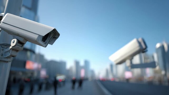 Medium shot of smart building security system with automated access control and surveillance cameras in modern urban environment.