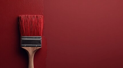 Red paintbrush resting on half-painted, textured, matching red wall