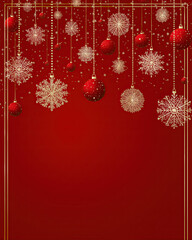 spheres and metallic ornaments encircle open center forming luxurious festive frame.