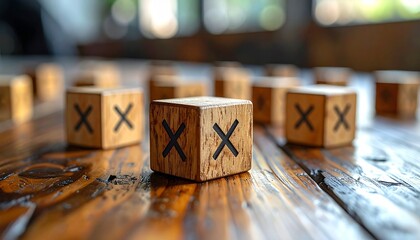 “Scattered wooden cubes with engraved X letters on polished surface in warm natural light”