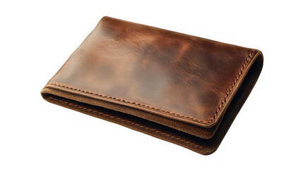 Title: Handmade Brown Leather Bi-fold Wallet Isolated on White Background

