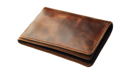 Title: Handmade Brown Leather Bi-fold Wallet Isolated on White Background

