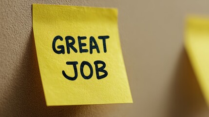Bright yellow sticky note with "Great Job" written in bold black marker on a textured wall