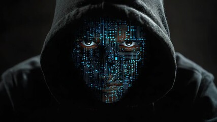 A mysterious figure in a hoodie with a digital face composed of binary code, intensely staring at a laptop screen in a dark environment, representing cyber threats and hacking. - Powered by Adobe