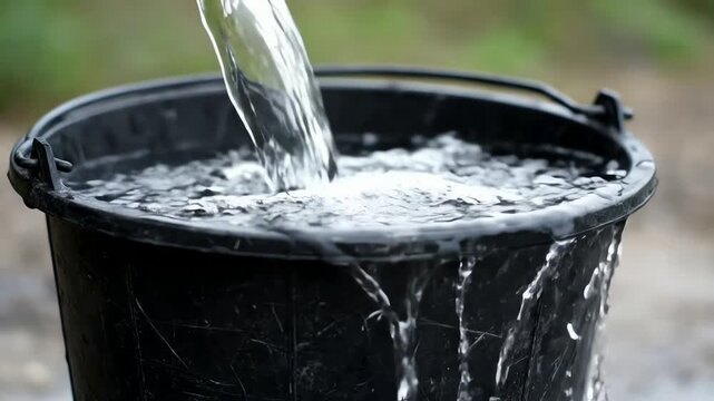 Clear water streams into a black bucket filling it up and overflowing