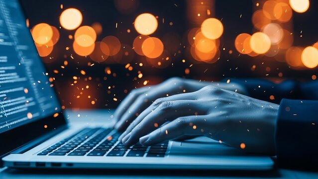 Close up of hands typing code on a laptop screen with glowing digital sparks and bokeh lights - Powered by Adobe