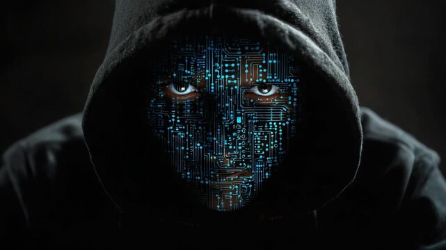 A mysterious figure in a hoodie with a digital face composed of binary code, intensely staring at a laptop screen in a dark environment, representing cyber threats and hacking.