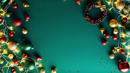 Golden christmas ornaments on green background with space for copy text, flatlay with christmas baubles, nuts, xmas tree decoration, blank space frame for 16:9 social media story in portrait mode