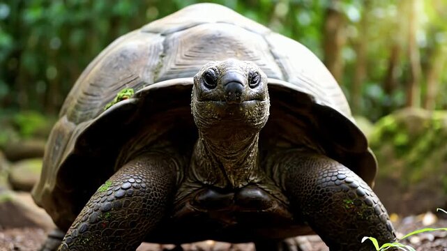 A majestic giant tortoise gazes directly at the camera in a lush green jungle habitat with ambient nature sounds