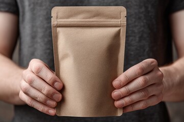 Person's hands holding an empty brown paper stand-up pouch