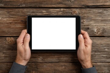 Hands holding a digital tablet with a white editable blank screen mock up
