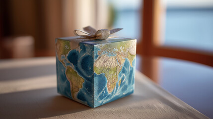 A world map gift box wrapped with ribbon, symbolizing global connection, travel inspiration, international business, sustainability, and meaningful gifts for global celebrations and worldwide concepts