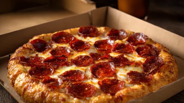 Pepperoni Pizza with Melted Mozzarella in a Cardboard Box on Wooden Surface Under Warm Lighting