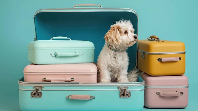 Cute fluffy white Maltipoo dog sits inside an open light blue vintage suitcase, surrounded by stacked pastel luggage on matching blue studio background