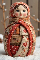 Colorful patchwork matryoshka doll in a winter shawl against the background of winter nature