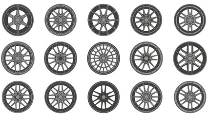 A set of isolated white background wheels featuring rubber tires and metal rims for car, bike, and vehicle transportation design icons © ndowi