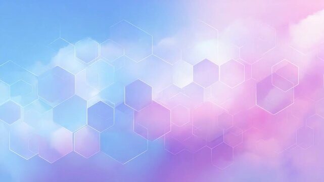 A vibrant, dreamy background featuring soft clouds in pastel hues of blue and pink, accented by translucent hexagonal shapes that add a modern and abstract touch.