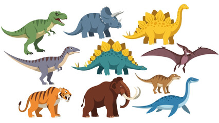 A prehistoric collection of wild dinosaur vector silhouettes and cartoon dino illustrations featuring a set of jurassic nature reptiles in a black wildlife animal icon style © ndowi