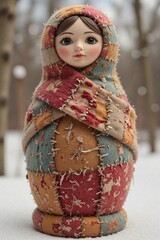 Colorful patchwork matryoshka doll in a winter shawl against the background of winter nature