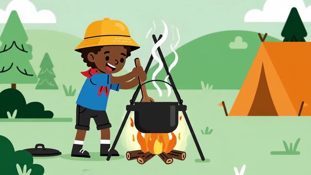 Young Explorer Preparing Campfire Meal: Camping Activities Amidst Forest Landscapes