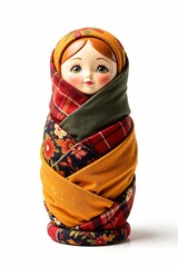 Colorful patchwork matryoshka doll in a winter shawl on a white background