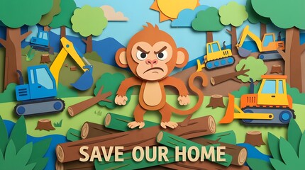 Obraz premium Cute Paper Art Illustration of Angry Monkey and Deforestation Impact