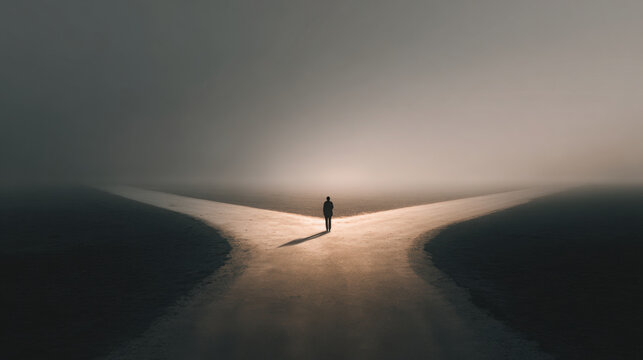Person stands crossroads foggy landscape, symbolizing significant tradeoff life choices. atmosphere evokes contemplation and decision making