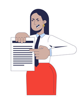 Strict corporate woman demanding explanation with document 2D cartoon character. Middle eastern female employee yelling complaining flat vector person isolated on white. Spot illustration colorful