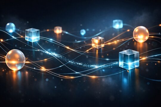 Futuristic 3D Blockchain Connection with Glass and Gold Cubes for Cryptocurrency Trading, Secure Decentralized Ledger, Digital Asset Management, Fintech Innovation, and Web3 Data Networking Design - Powered by Adobe