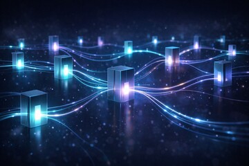 Futuristic 3D Blockchain Connection with Glass and Gold Cubes for Cryptocurrency Trading, Secure Decentralized Ledger, Digital Asset Management, Fintech Innovation, and Web3 Data Networking Design