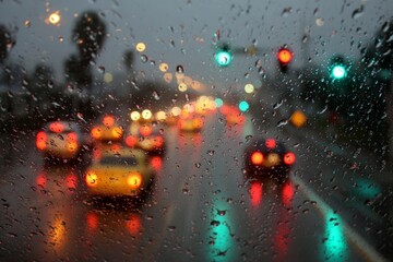 Raindrops covering a car windshield, blurring city traffic lights and vehicles at night