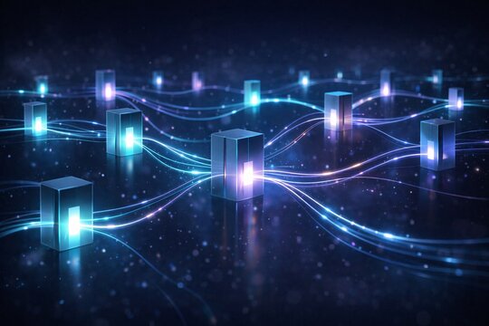 Futuristic 3D Blockchain Connection with Glass and Gold Cubes for Cryptocurrency Trading, Secure Decentralized Ledger, Digital Asset Management, Fintech Innovation, and Web3 Data Networking Design
