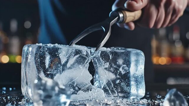 Bartender Carefully Chipping Large Ice Block With Ice Pick Tool For Cocktails At Bar With Soft Bokeh Lights In Background Preparing For Service In Evening Hours