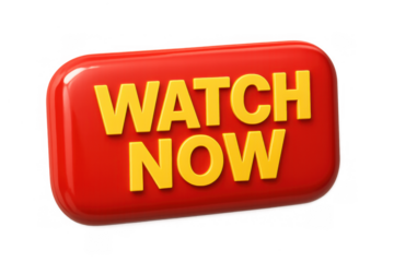 Watch now button, shiny red 3d rendering of a call to action element for video playback on a transparent background