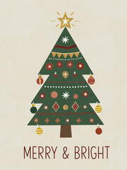Modern stylized Christmas tree illustration with festive holiday ornaments and Merry and Bright typography.