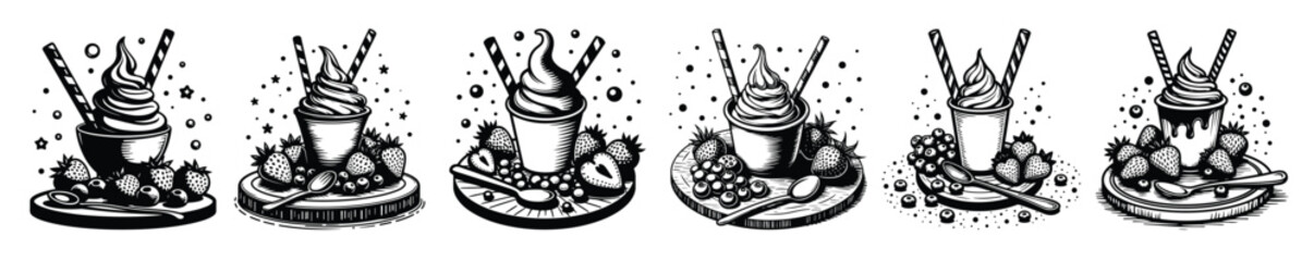 Six black and white illustrations of ice cream sundaes with berries © Ualj