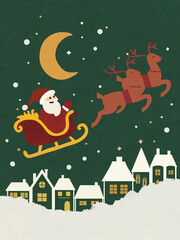 Santa Claus flying in sleigh with reindeer over snowy winter village at night.