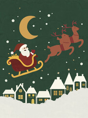 Santa Claus flying in sleigh with reindeer over snowy winter village at night.