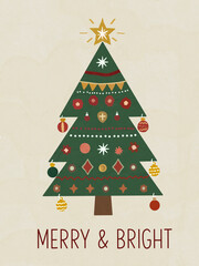 Modern stylized Christmas tree illustration with festive holiday ornaments and Merry and Bright typography.