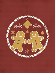 Minimalist Christmas Illustration of Two Gingerbread Cookies Holding Hands on Red Background.