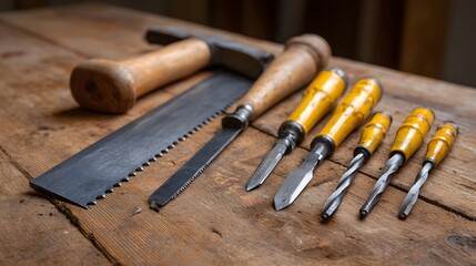A collection of vintage woodworking tools including saws chisels and drills laid out on a rustic wooden workbench