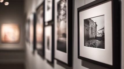 Closeup medium shot of framed fine art prints displayed elegantly on a museum wall emphasizing texture and intricate details under soft lighting.